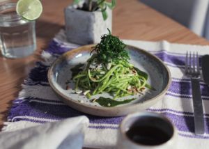 Courgette ‘spaghetti’ with salsa verde sauce by Richard Havardi